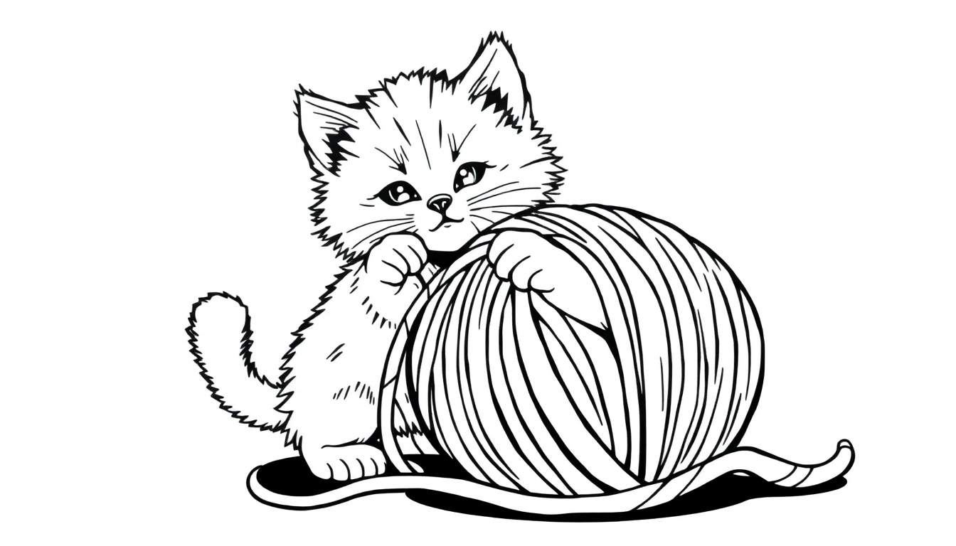 Gatito jugando con ovillo de lana arcoíris.