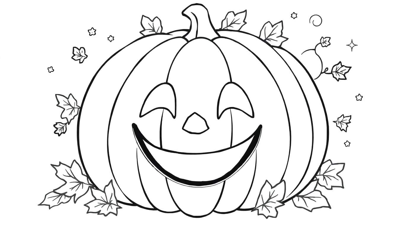Dibujo lineal en blanco y negro de una calabaza sonriente con ojos triangulares y nariz de pentágono, rodeada de hojas de arce y estrellas, lista para colorear.