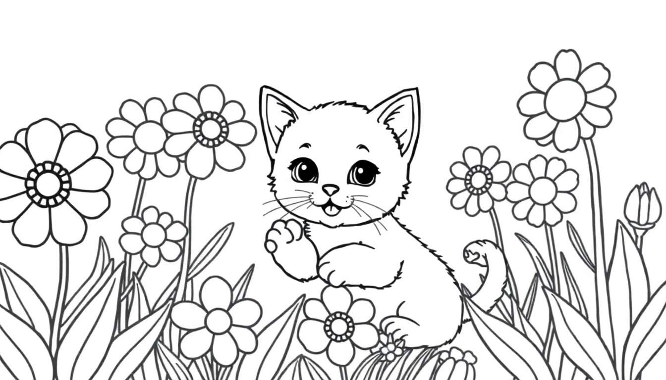 Un gatito de dibujo lineal sentado entre flores, listo para colorear.