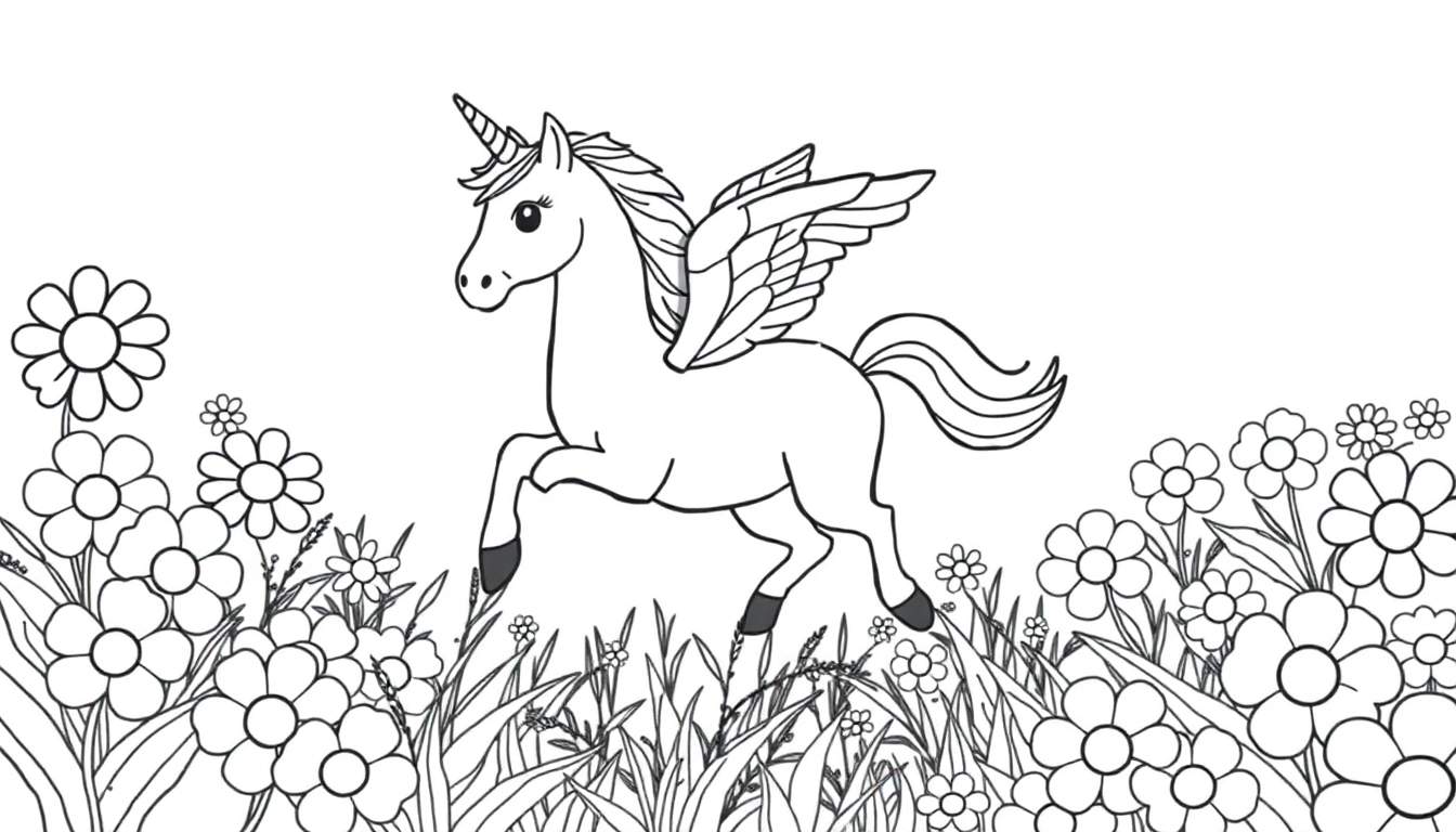 Unicornio alado para colorear en un campo de flores.