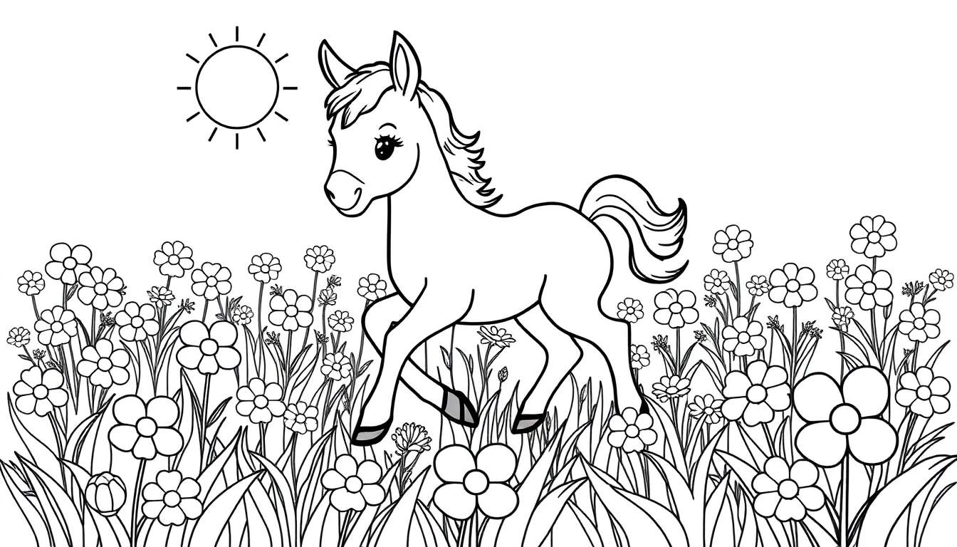 Un dibujo lineal de un potro corriendo feliz en un campo de flores bajo el sol.
