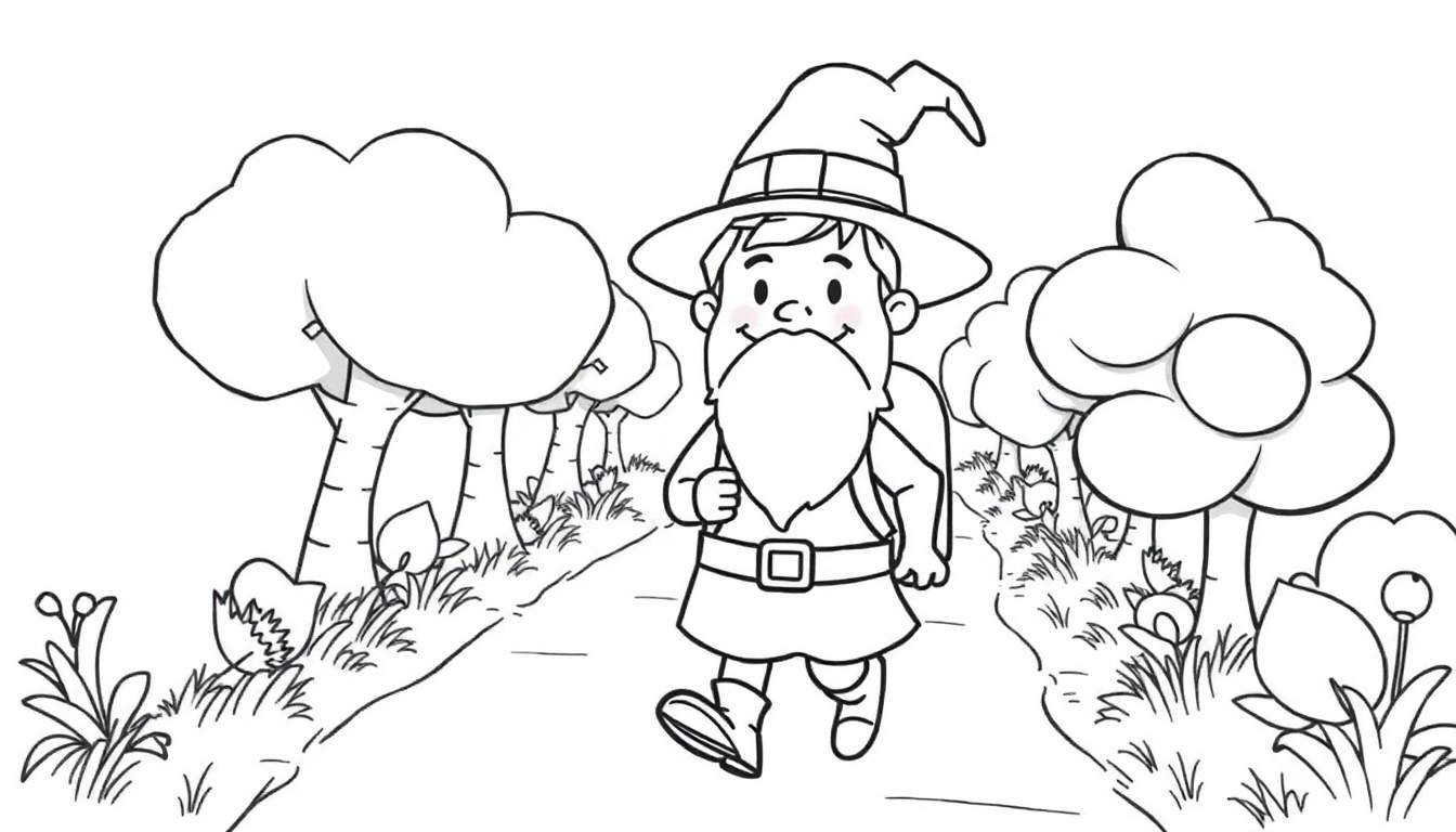 Un gnomo sonriente con barba blanca y sombrero puntiagudo camina por un sendero boscoso.