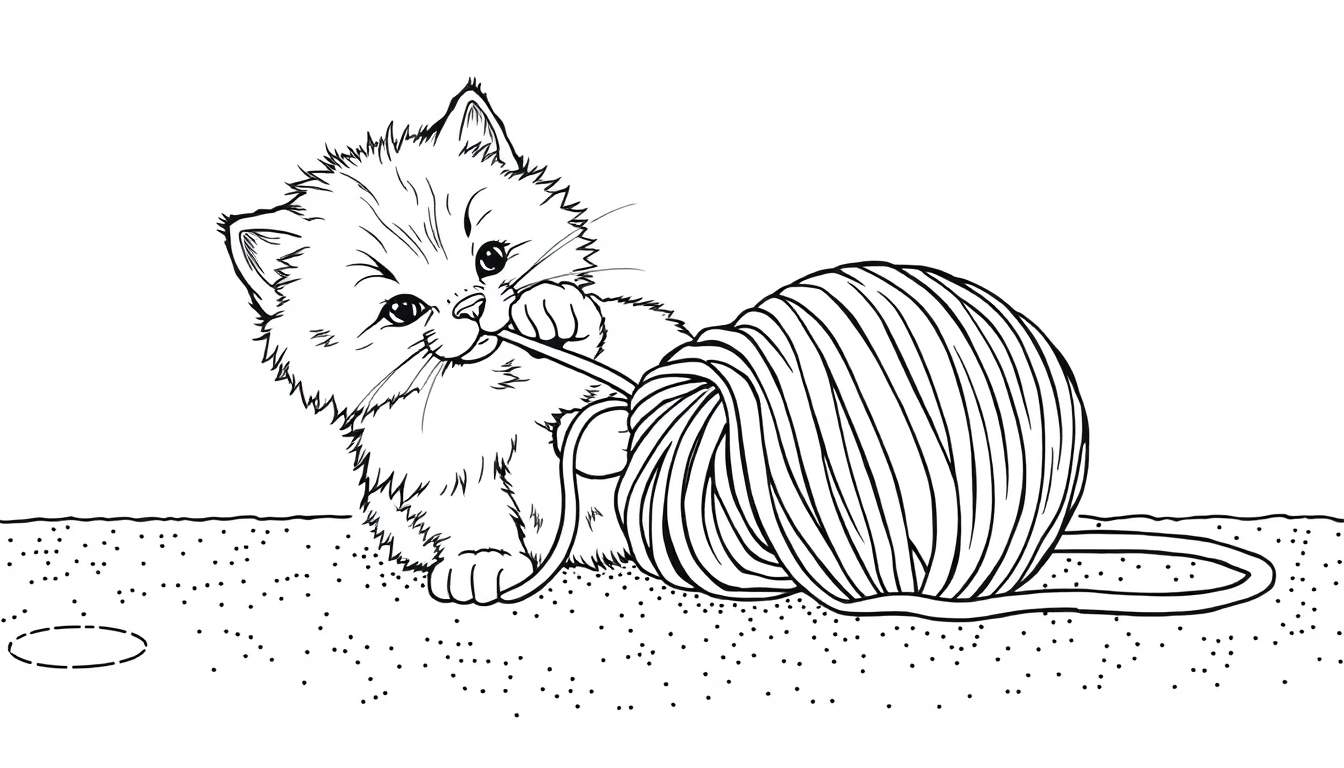 Gatito juguetón mordiendo un ovillo de lana negro y blanco.