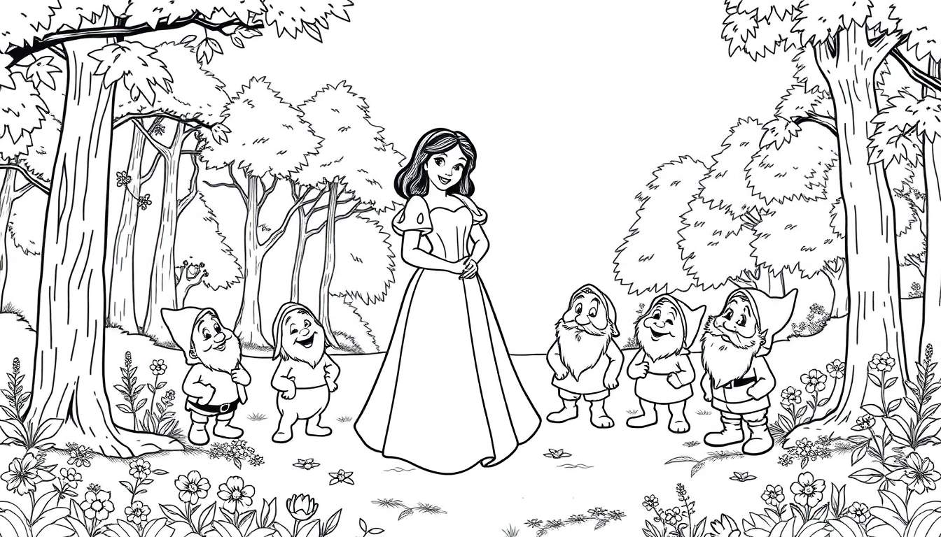Blancanieves y los siete enanitos en un bosque para colorear.