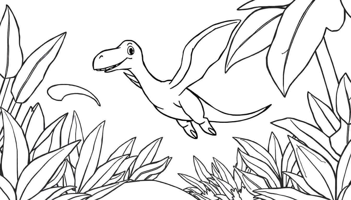 Un pterodáctilo sonriente volando entre grandes hojas verdes.