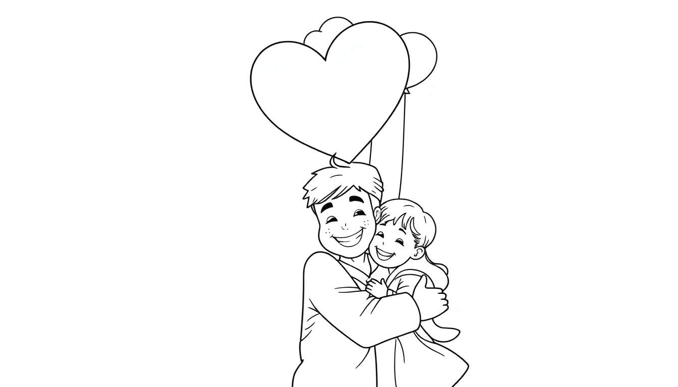 Padre e hija sonriendo y abrazándose, el padre sostiene globos, uno en forma de corazón. Dibujo en blanco y negro.