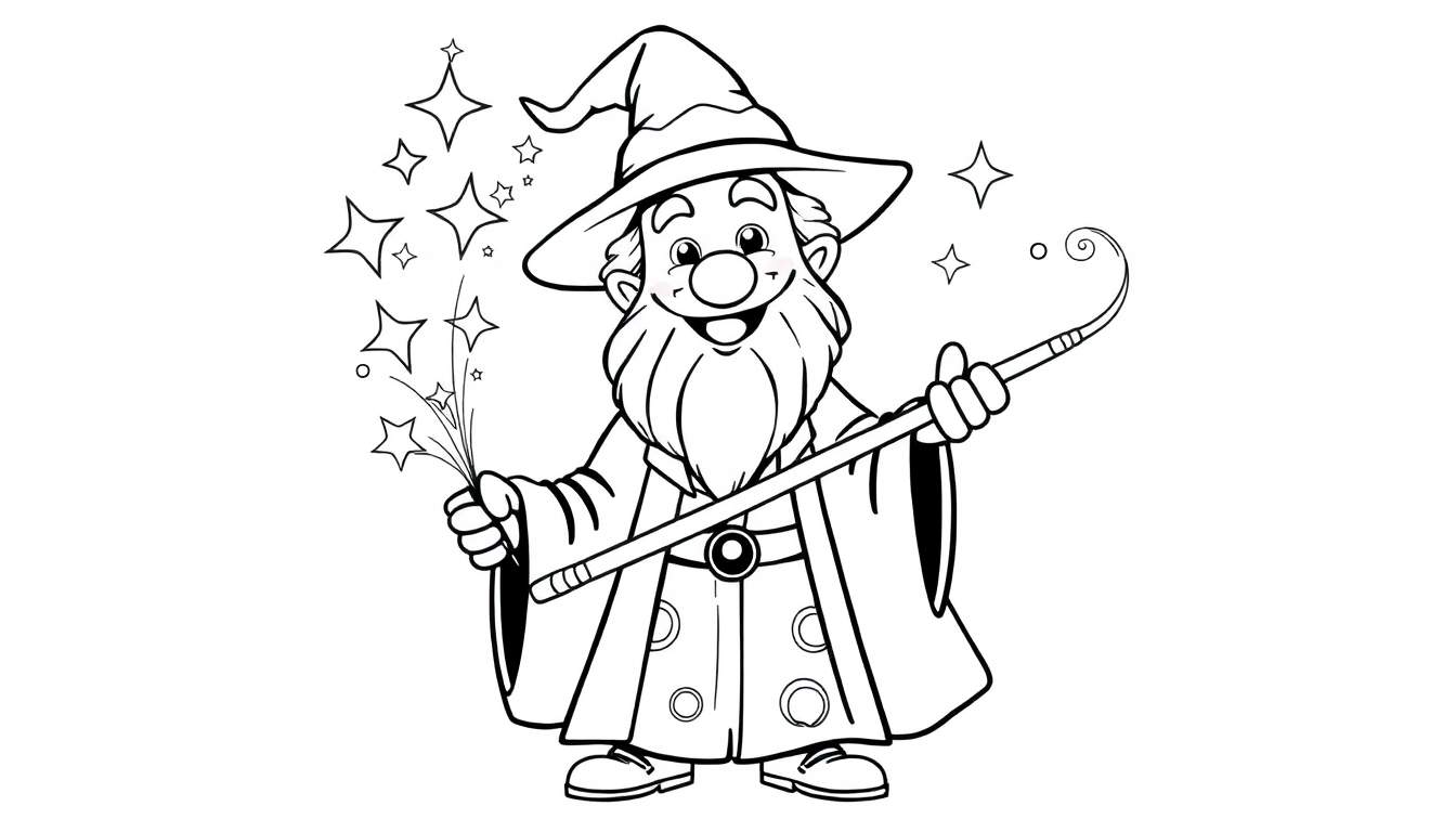 Un mago de caricatura en una placa de color, con un sombrero puntiagudo, túnica con círculos, barba larga y blanca, nariz redonda, sosteniendo una varita con estrellas y un bastón con punta curvada.