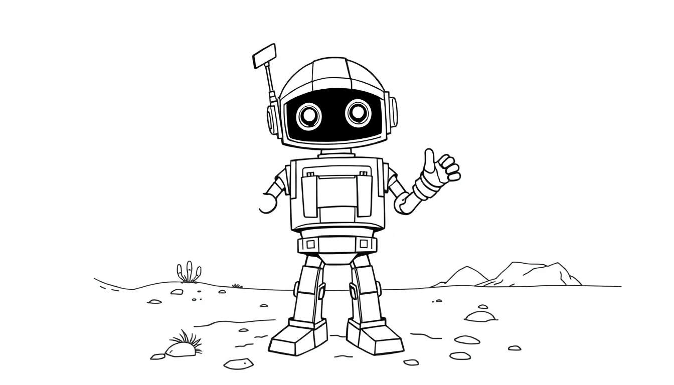 Robot amigable con pulgar hacia arriba en paisaje desértico