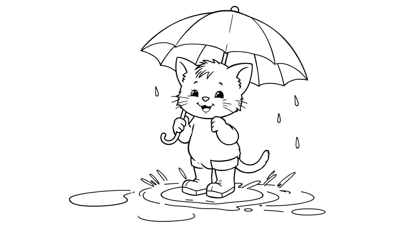 Gatito alegre con botas de lluvia y paraguas saltando en un charco.