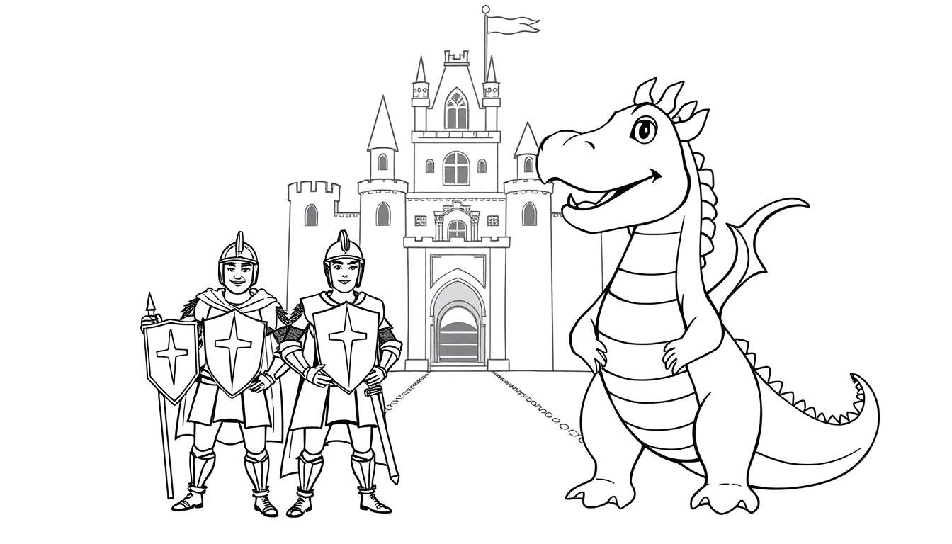 Un dragón sonriente a la derecha, dos caballeros con armadura y escudos a la izquierda, y un castillo con bandera al fondo, en una caricatura en blanco y negro.