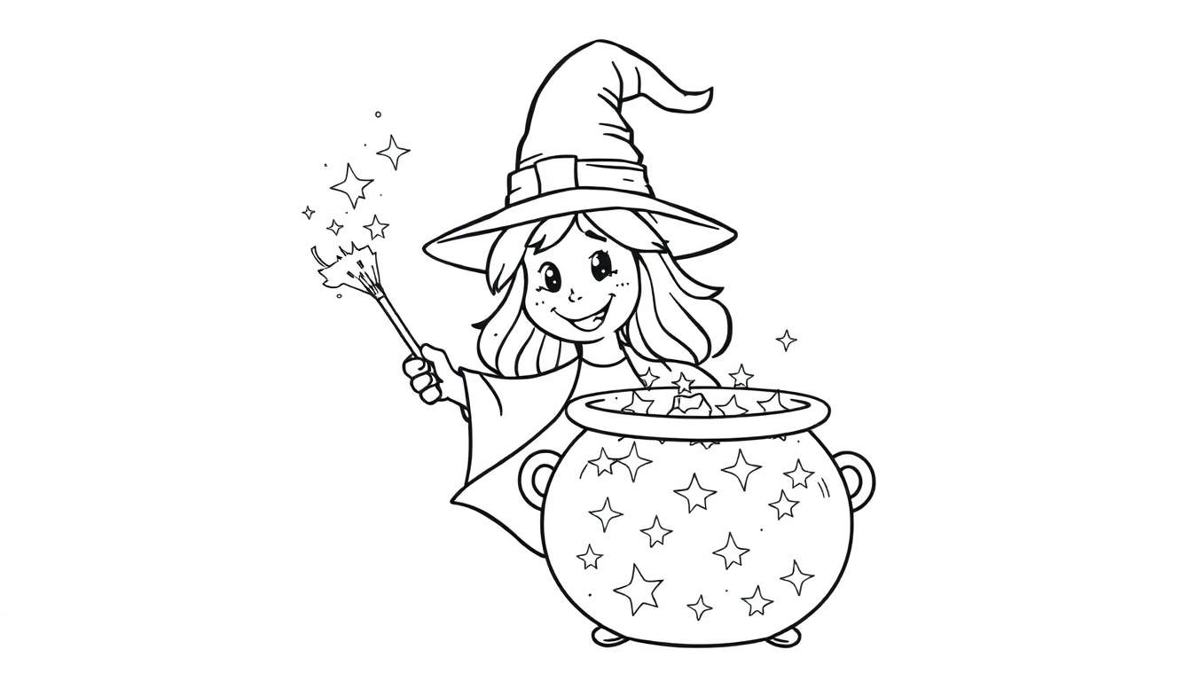 Brujita sonriente con sombrero puntiagudo agitando varita mágica sobre caldero de estrellas.