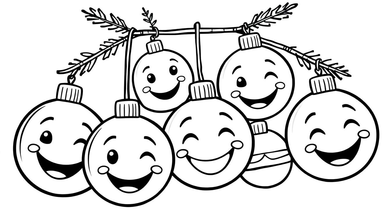 Adornos navideños con caras sonrientes colgando de una rama de árbol.
