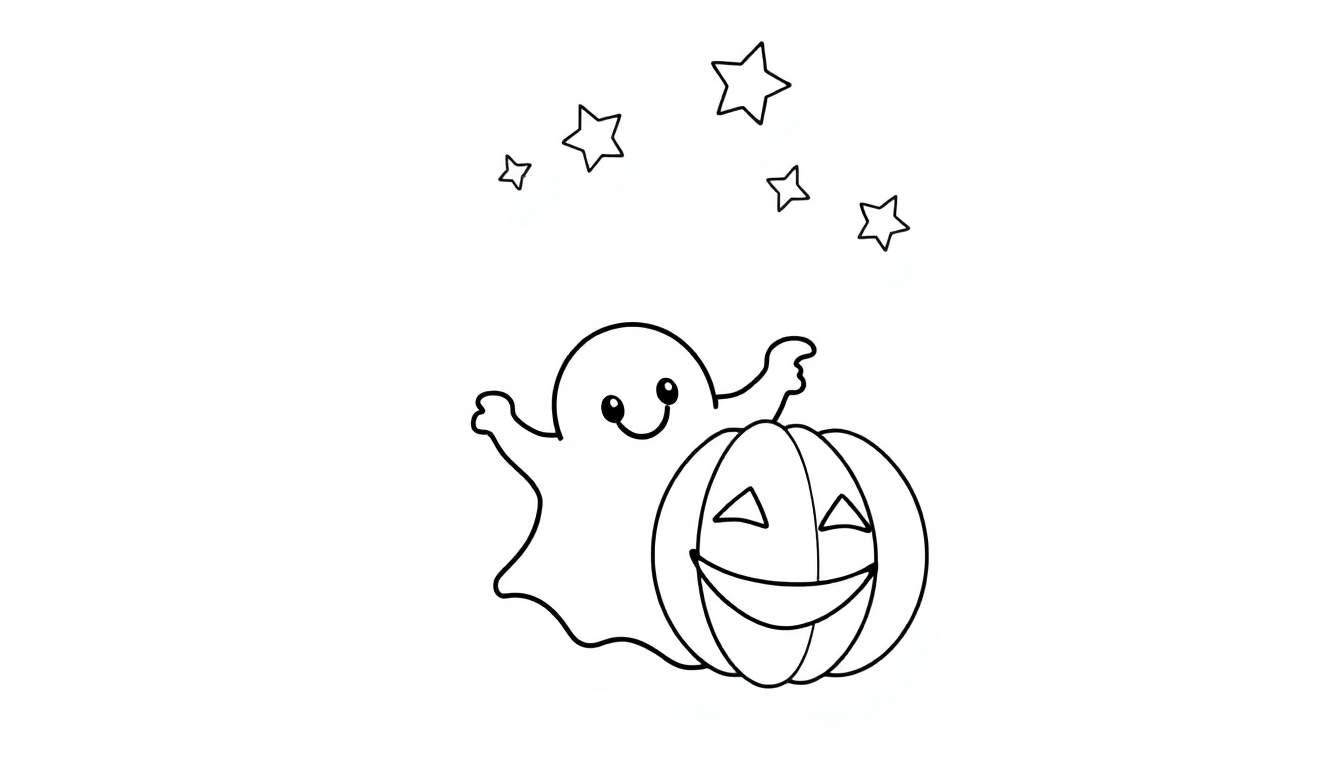 Fantasma y calabaza sonrientes en una noche estrellada para colorear.