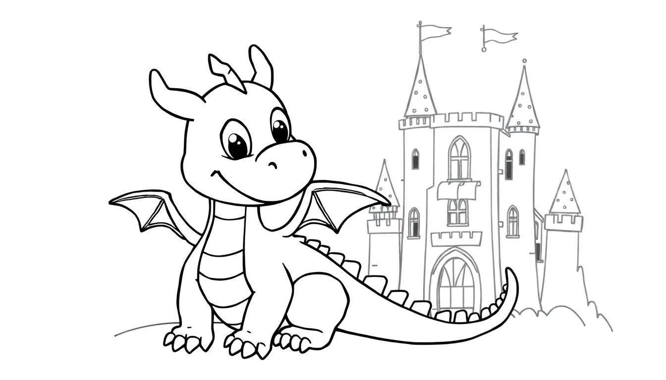 Un dragón amigable sentado frente a un castillo.