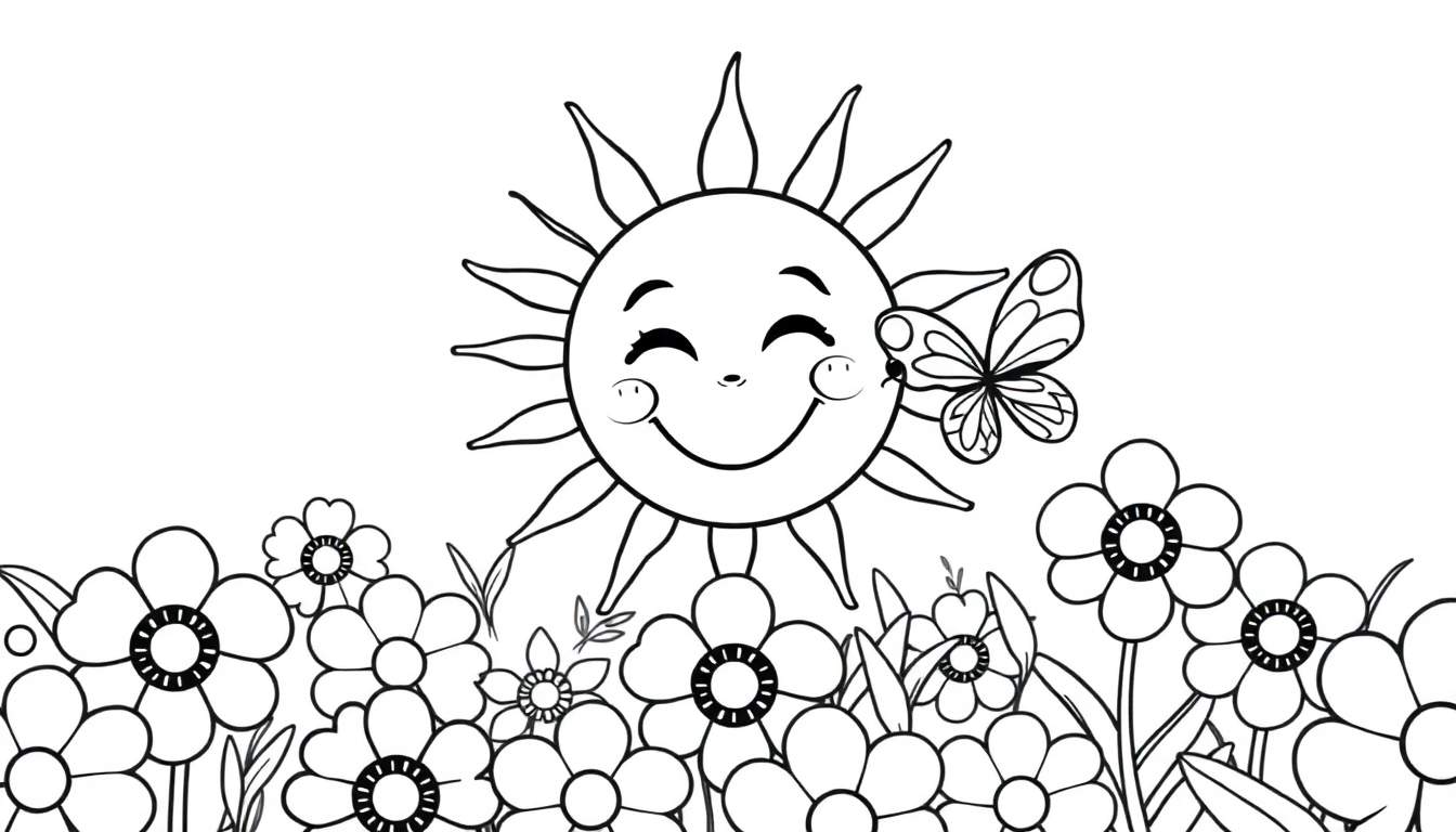 Un sol sonriente con rayos que se extienden, rodeado de flores y una mariposa.