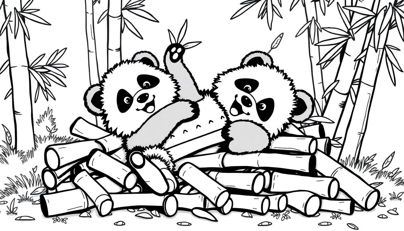 Dos pandas adorables jugando con bambú en un bosque soleado.