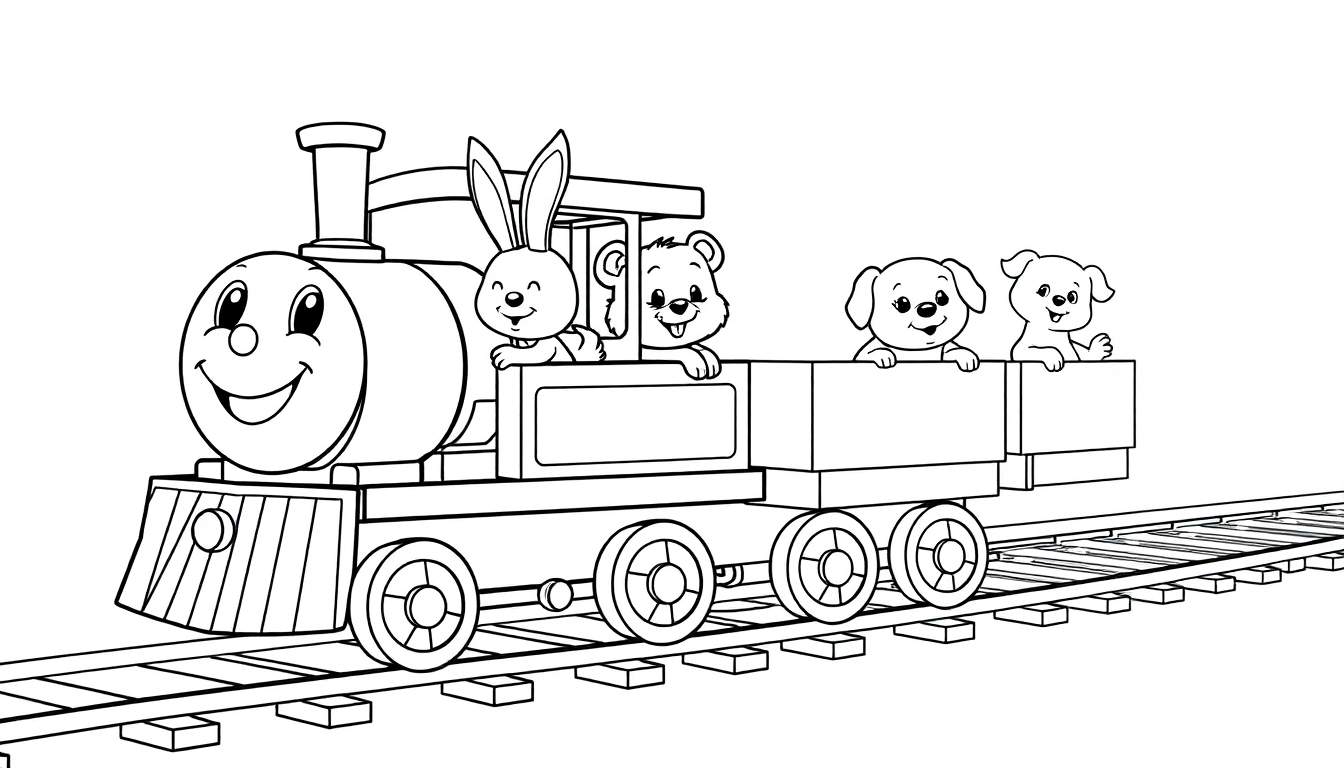 Un tren de dibujos animados en blanco y negro con animales sonrientes a bordo.