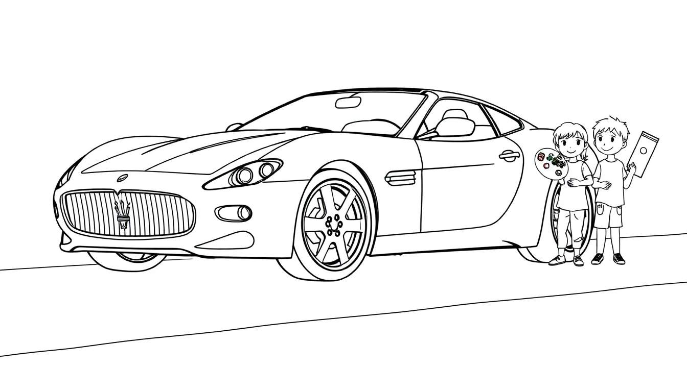 Placa de color de un Maserati con dos niños artistas a su lado.
