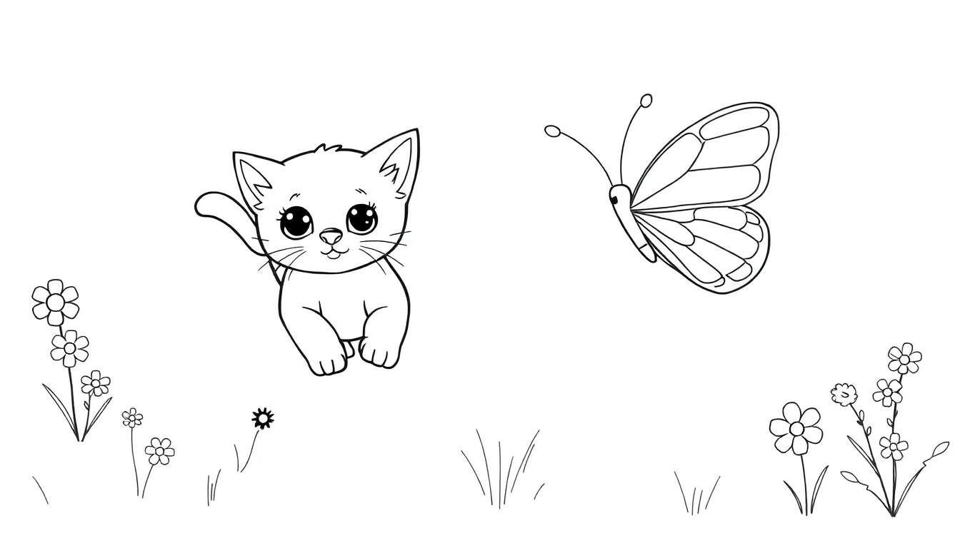 Un gatito saludando a una mariposa en un campo de flores.
