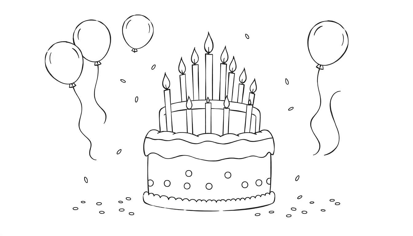 Pastel de cumpleaños dibujado a mano con velas encendidas, rodeado de globos flotantes y confeti disperso.
