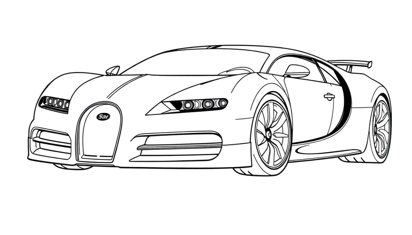Un coche deportivo Bugatti para colorear, visto de tres cuartos, con líneas limpias y un diseño aerodinámico.