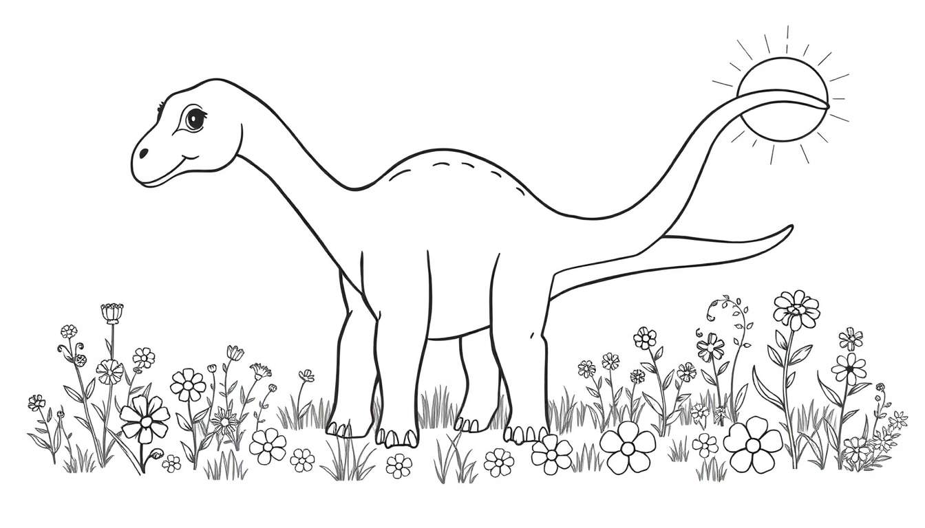 Ilustración de un dinosaurio Braquiosaurio bebé amistoso con un cuello largo, rodeado de flores y con un sol al final de su cola.