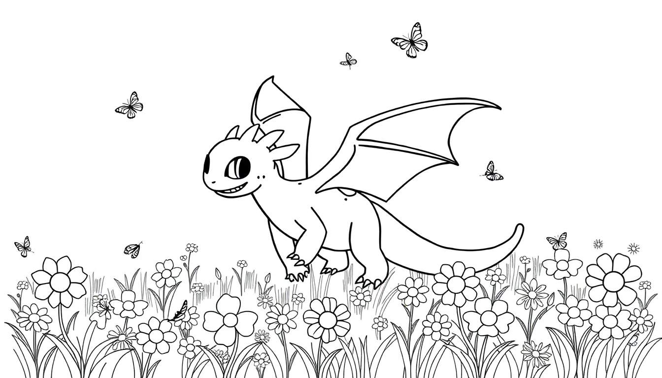 Dibujo lineal de un dragón sonriente en un campo de flores con mariposas.