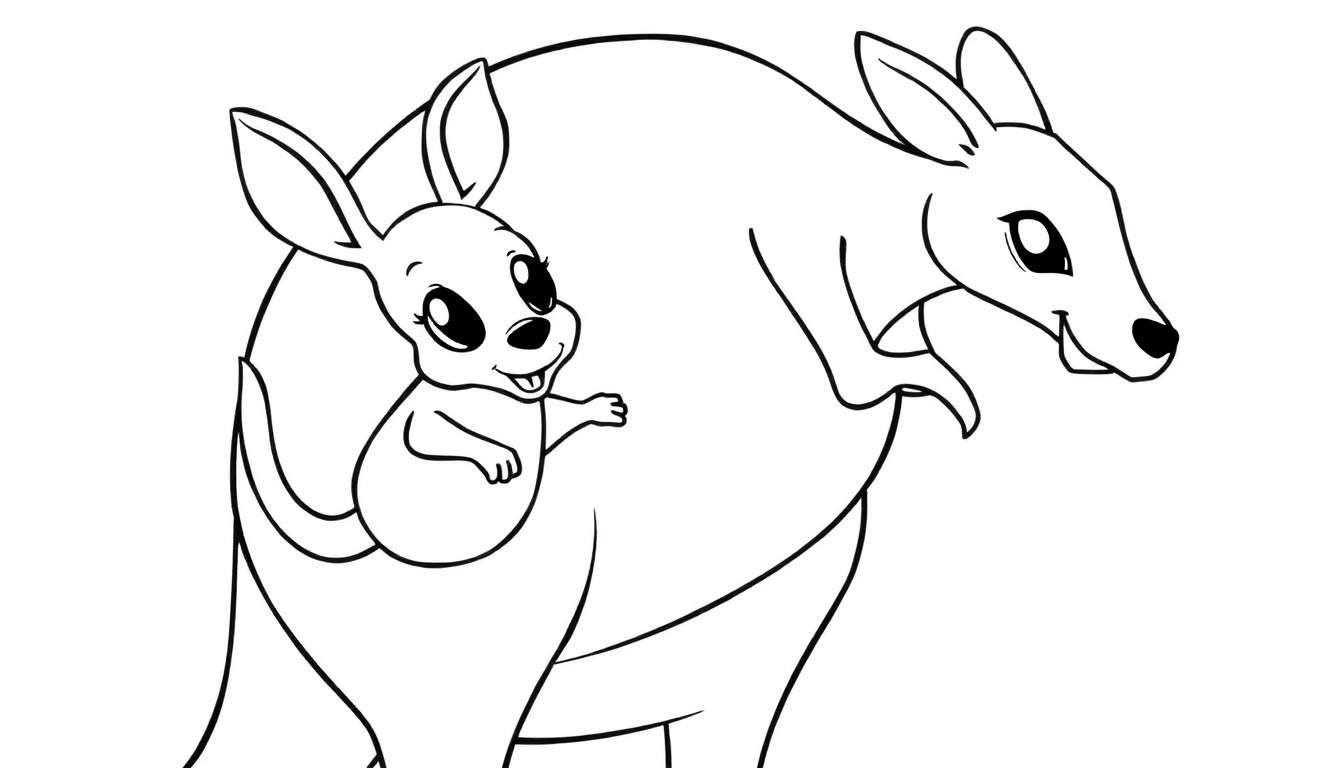 Ilustración de dibujos animados en blanco y negro de una mamá canguro sonriente con un bebé canguro asomando de su bolsa.
