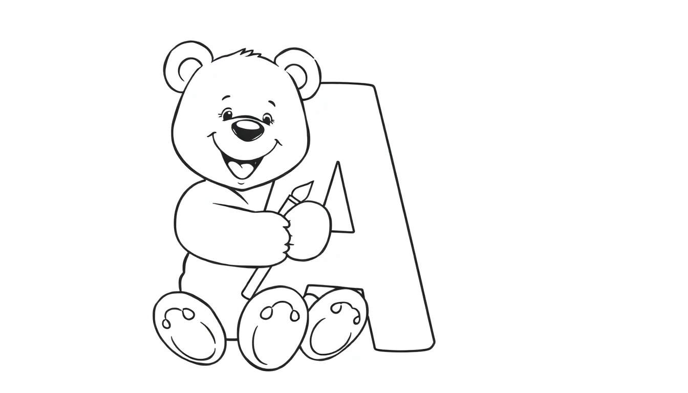 Oso de peluche sosteniendo un pincel cerca de una letra A grande.