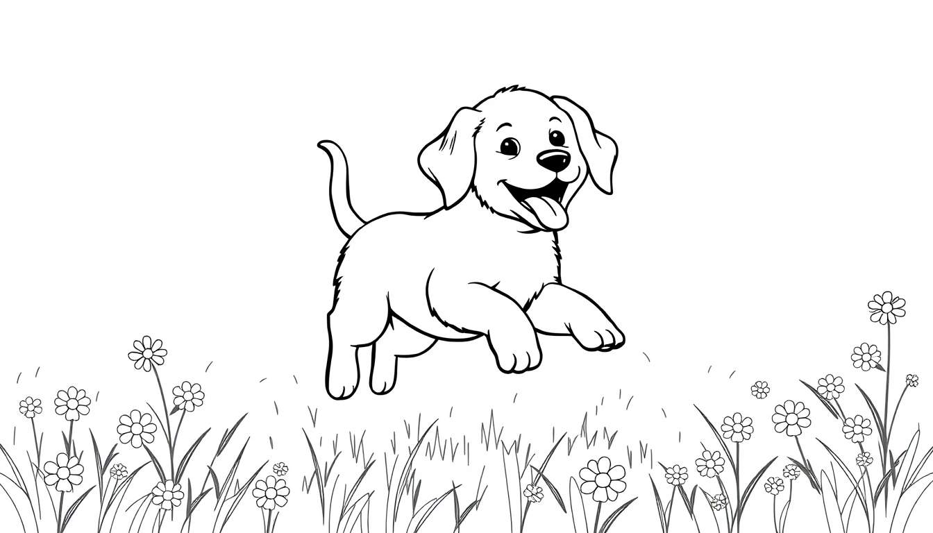 Un cachorro de golden retriever salta feliz en un campo de flores con una placa de color vibrante.