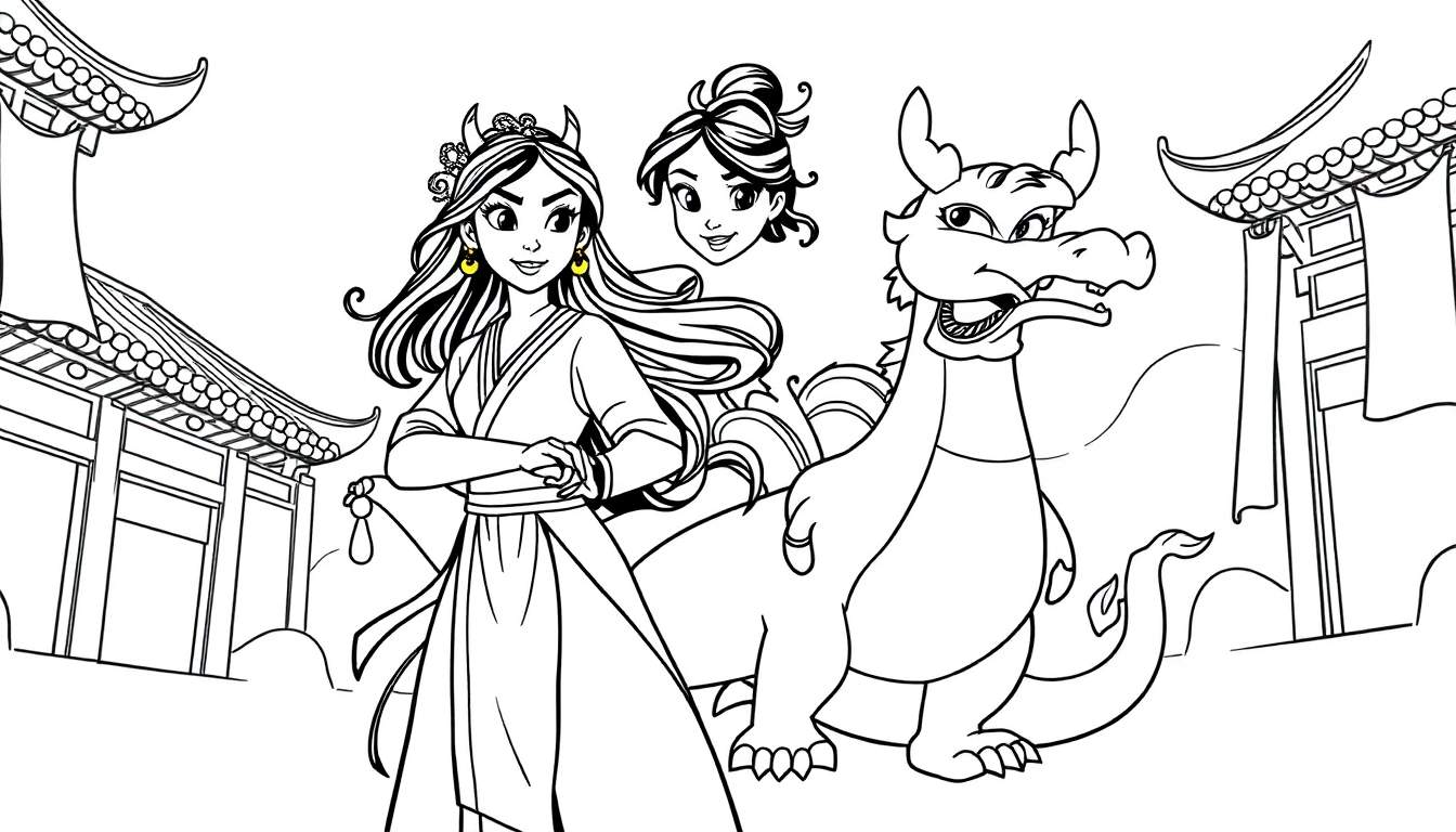 Una niña con un vestido largo está parada con los brazos cruzados junto a un dragón sonriente, con una cabeza flotante sobre ella.