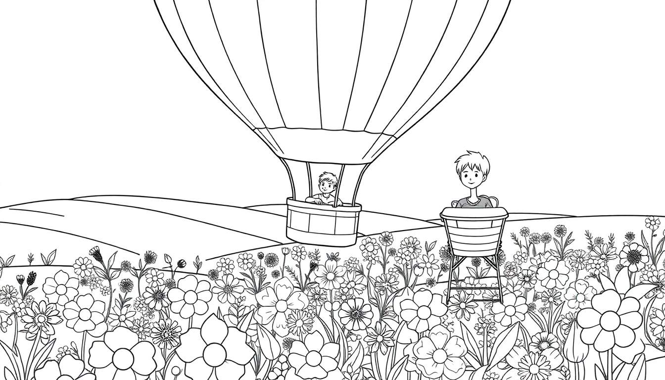Dibujo de un globo aerostático sobre un campo de flores con personas.
