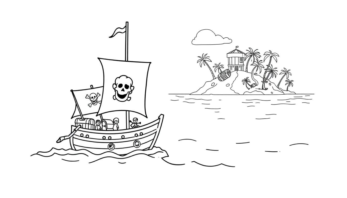 Dibujo lineal de un barco pirata con bandera de calavera navegando hacia una isla con palmeras.
