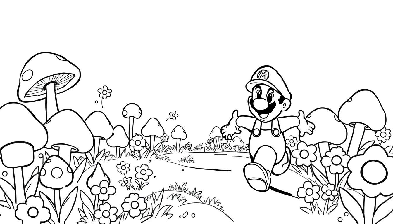 Dibujo lineal de Mario corriendo felizmente entre hongos y flores coloridos.