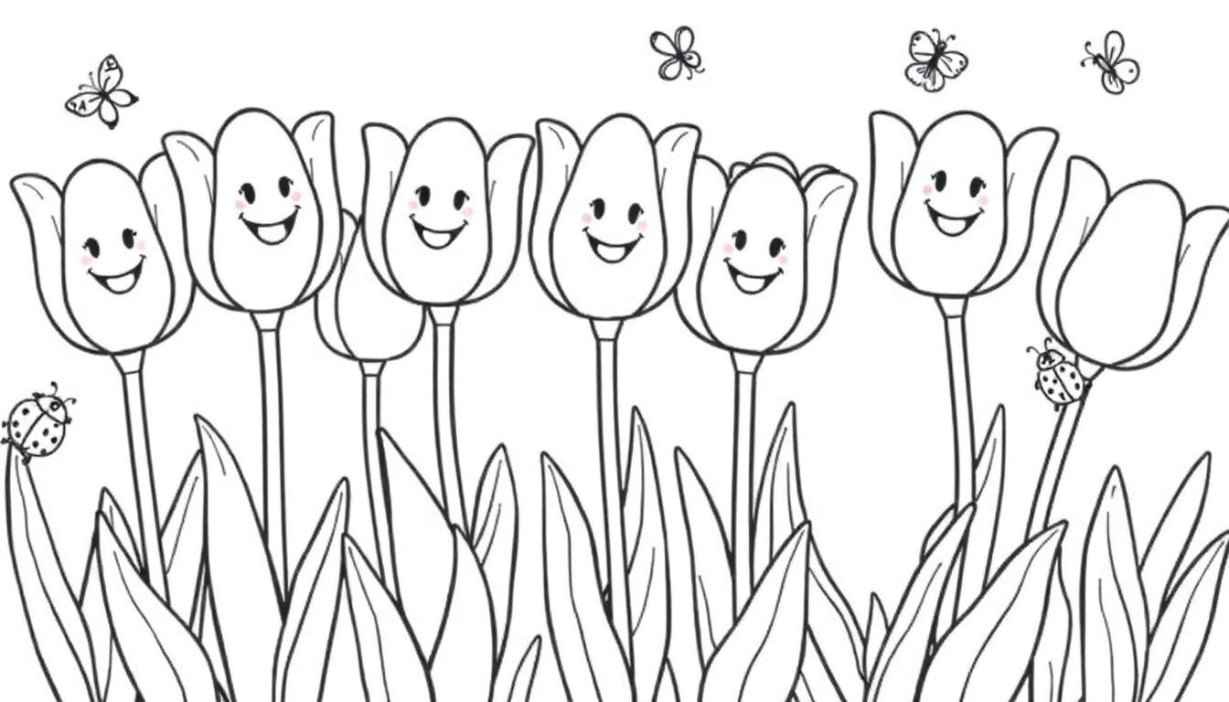 Ilustración de contorno de tulipanes sonrientes con mariposas y mariquitas.