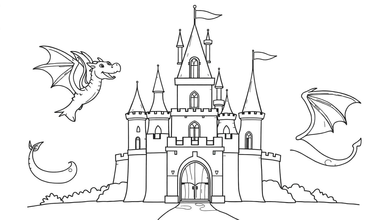 Castillo de fantasía con dragones amigables.
