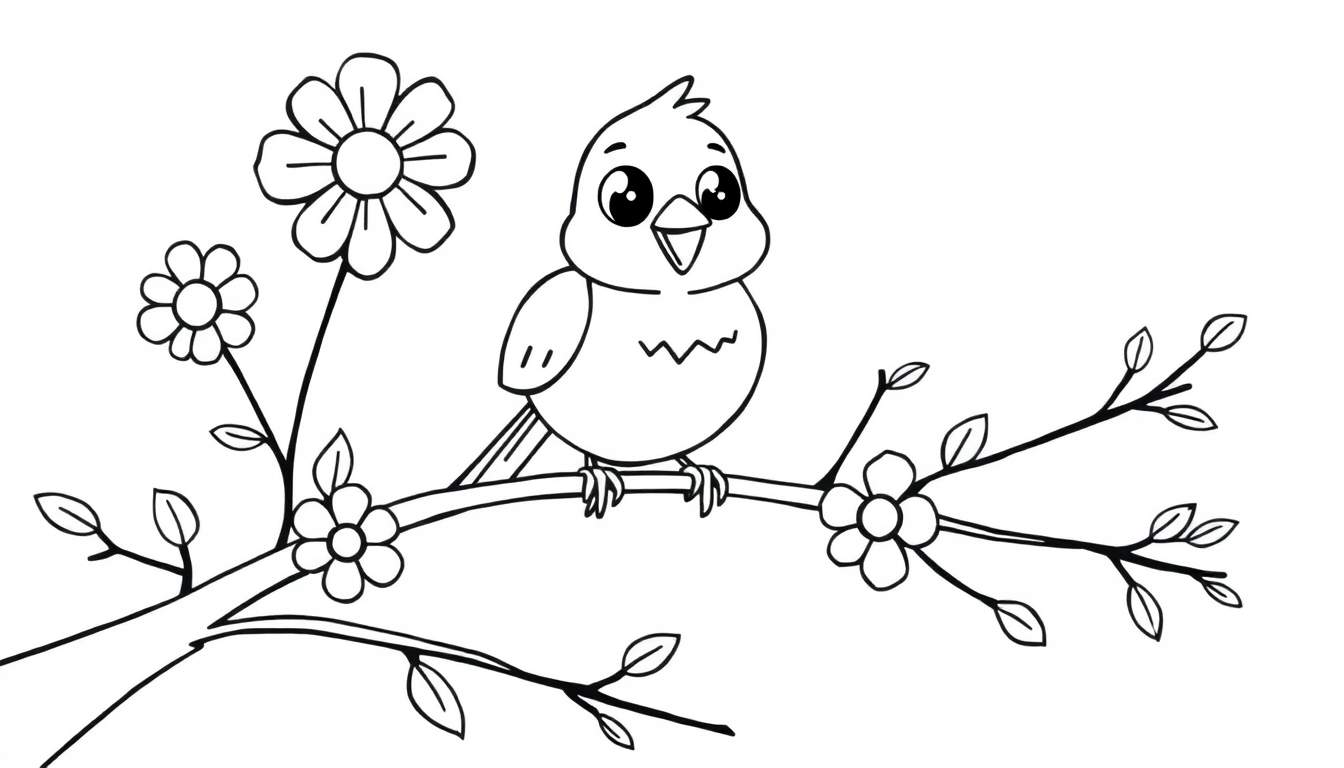 Un pájaro de dibujo lineal cantando en una rama con flores.
