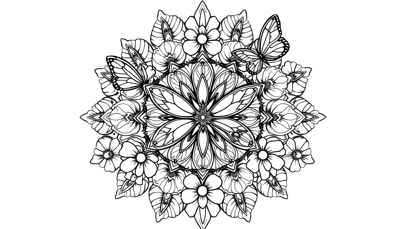 Mandala con flores y mariposas para colorear, lleno de detalles.