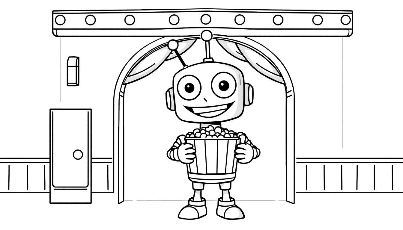 Un robot amigable con una cubeta de palomitas de maíz frente a un puesto de cine.