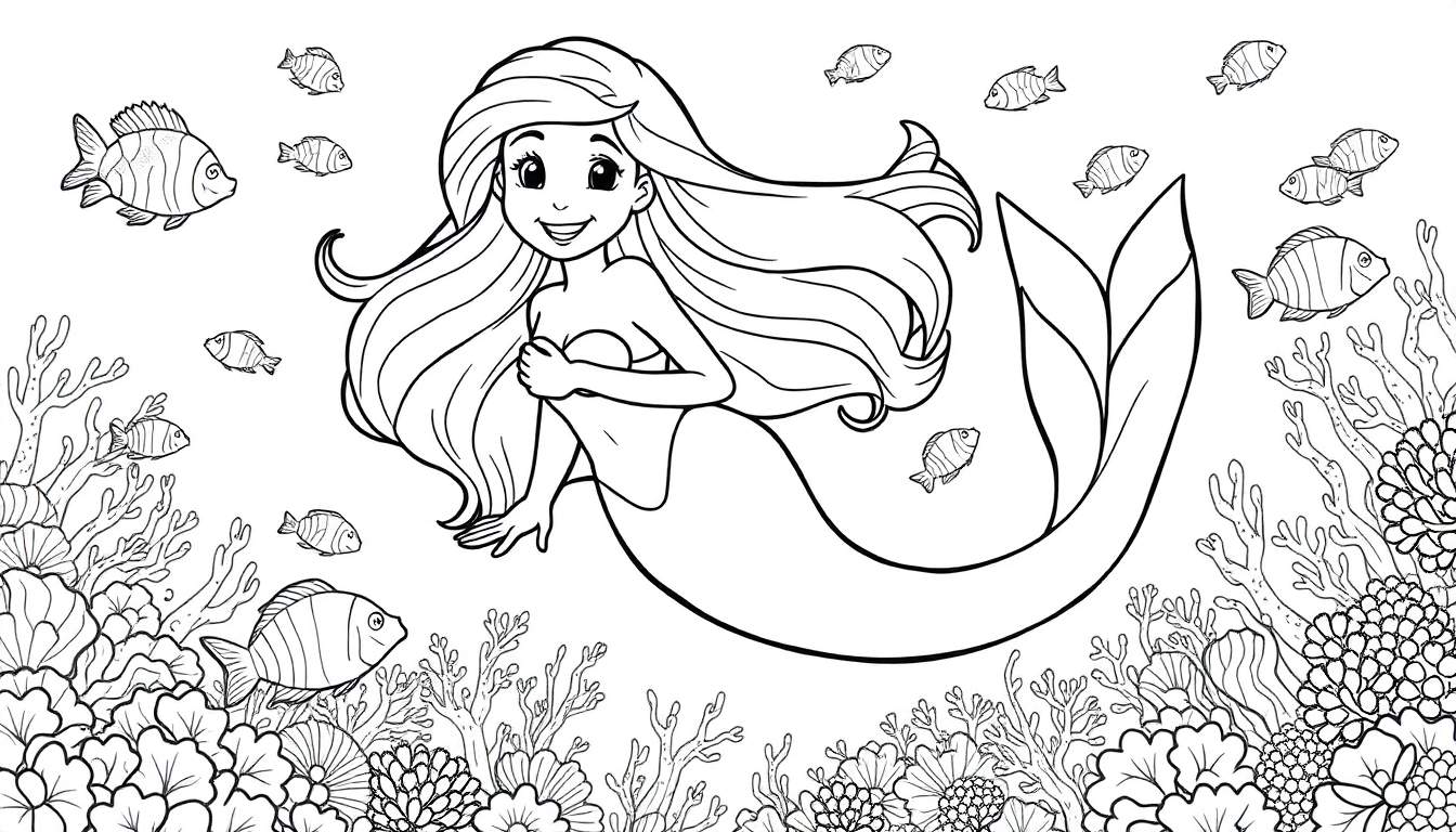 Dibujo lineal de una sirena sonriente en un entorno submarino con peces y corales.