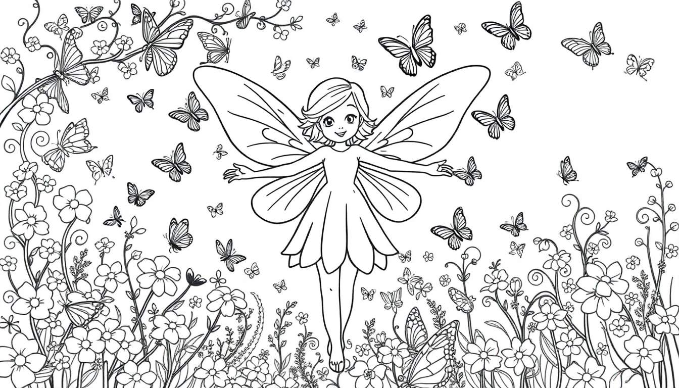 Un dibujo lineal de un hada con alas grandes en un jardín con flores y mariposas, listo para colorear.