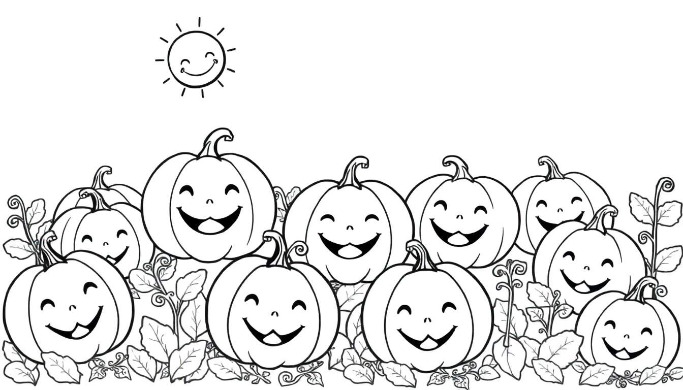 Un campo de calabazas sonrientes con sol.