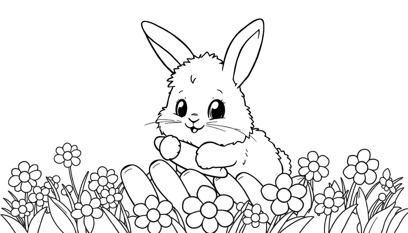Un tierno conejito blanco sentado en un campo de flores de colores.