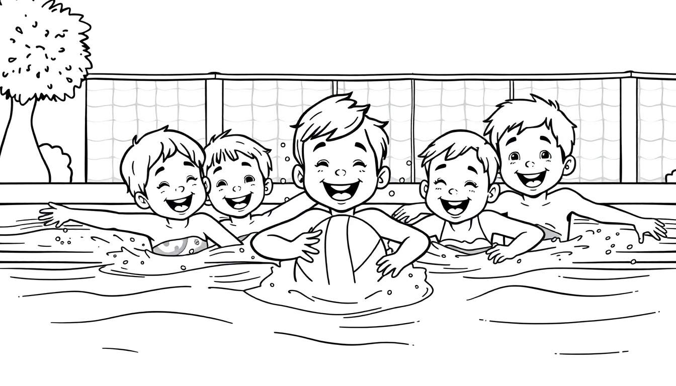 Cinco niños sonriendo y nadando en una piscina con una pelota de playa y una red de voleibol.