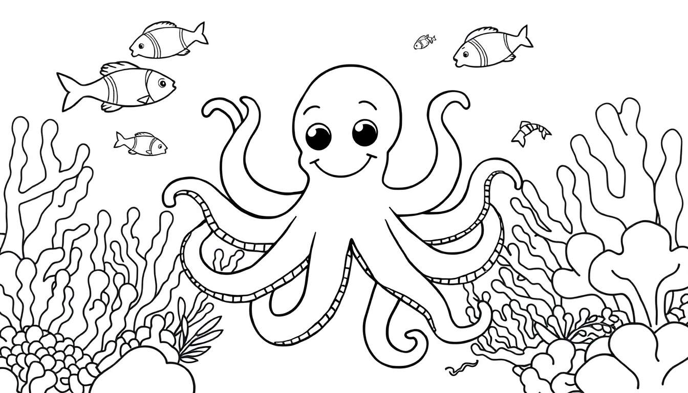 Un pulpo sonriente con ojos grandes y ocho tentáculos extendiéndose, rodeado de peces pequeños y coral en un dibujo lineal en blanco y negro.