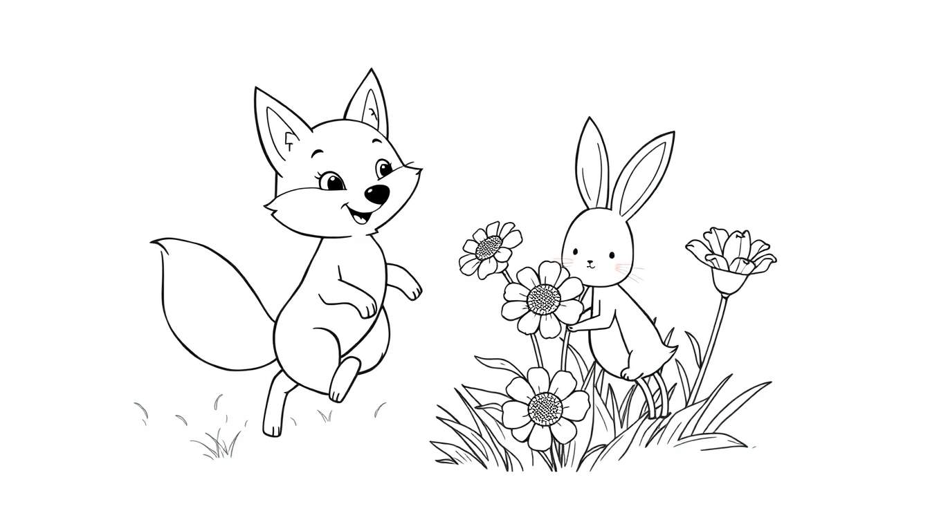 Un zorro de dibujos animados feliz corriendo hacia un conejo de dibujos animados que sostiene una flor rodeado de flores y hierba, todo en un estilo de dibujo lineal.