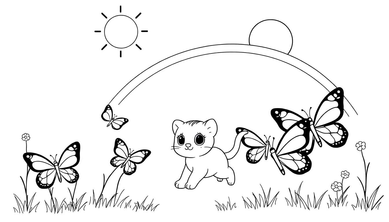 Un gatito negro y blanco persiguiendo mariposas bajo un arco doble y un sol sonriente.