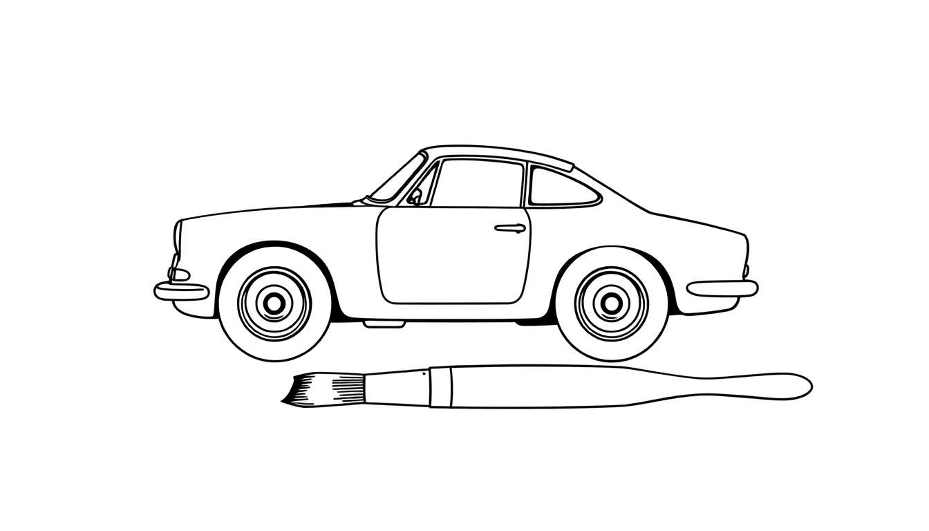 Un coche clásico para colorear con un pincel de pintura debajo.