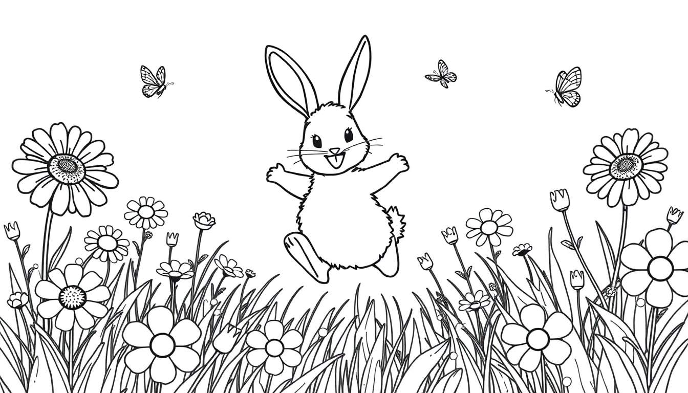 Un conejito feliz salta en un campo de flores de colores, con mariposas revoloteando. Un dibujo lineal para colorear de primavera.