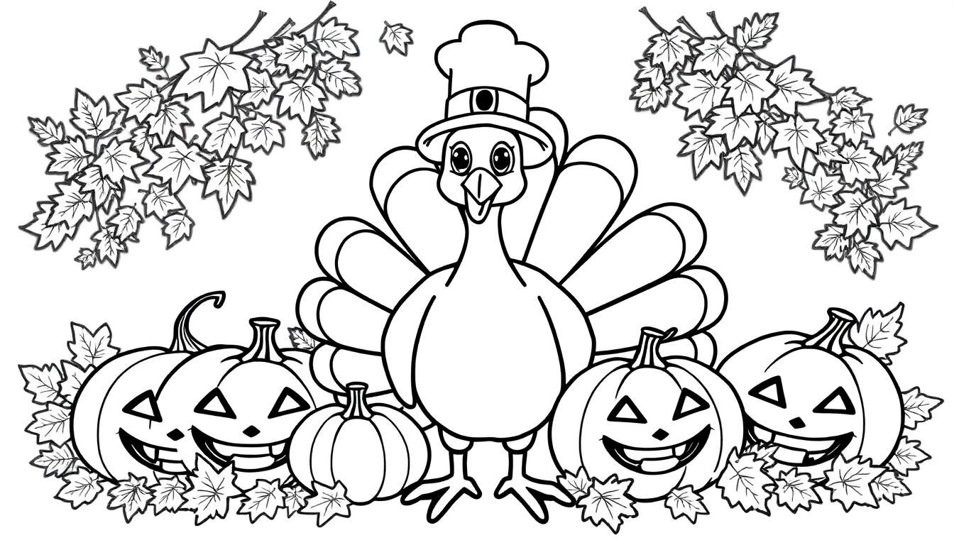 Un pavo de dibujos animados con sombrero de chef está en medio de calabazas sonrientes y hojas de arce otoñales.